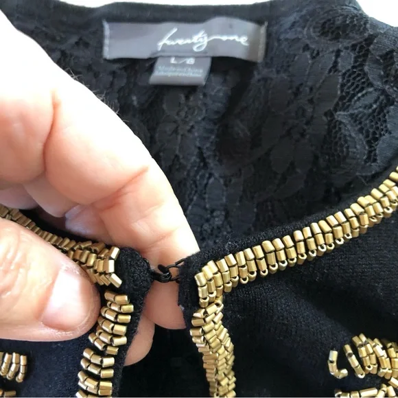 Twenty One Black Beaded Cardigan Sweater Women’s L Gold Beads Pearls Lace Lining - Picture 8 of 15